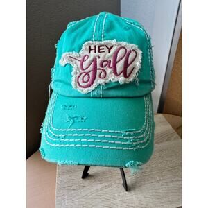 "Hey Y'all" Distressed Turquoise Cap